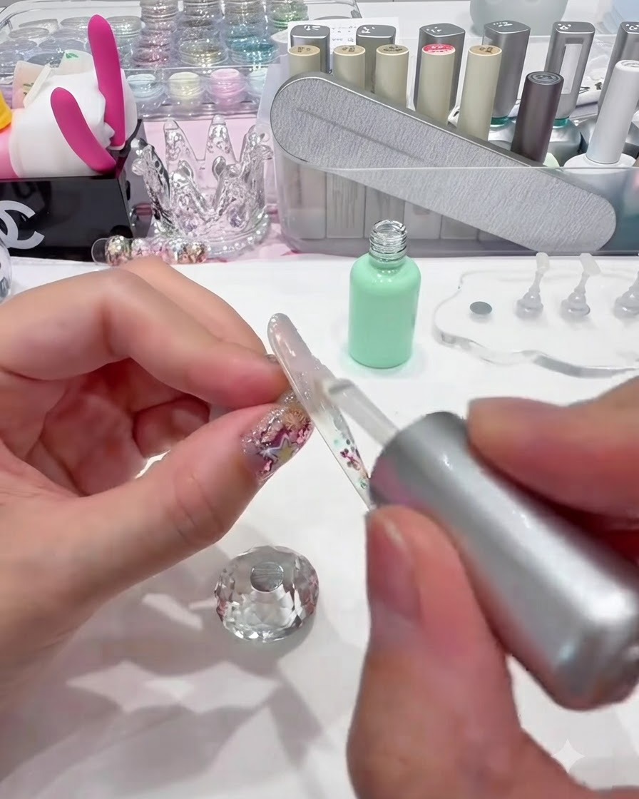 Un pennello che applica builder gel trasparente su ununghia con polvere aurora chrome.