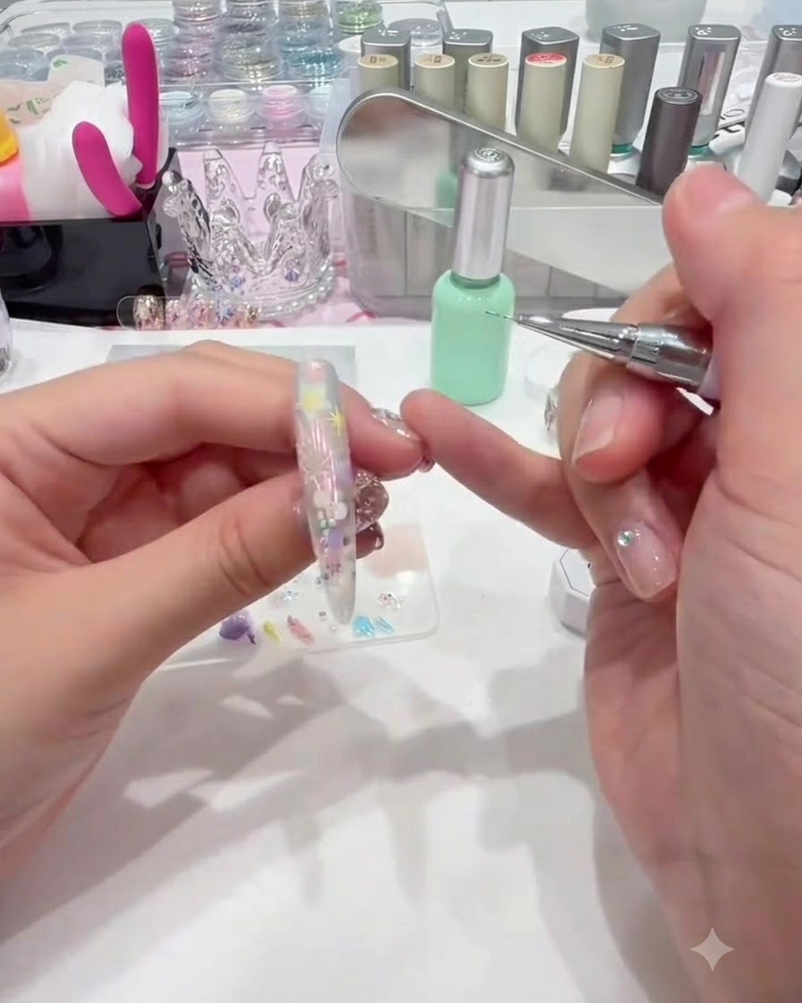 Uno strumento dotting che aggiunge piccoli punti daccento tra gli elementi di nail art.