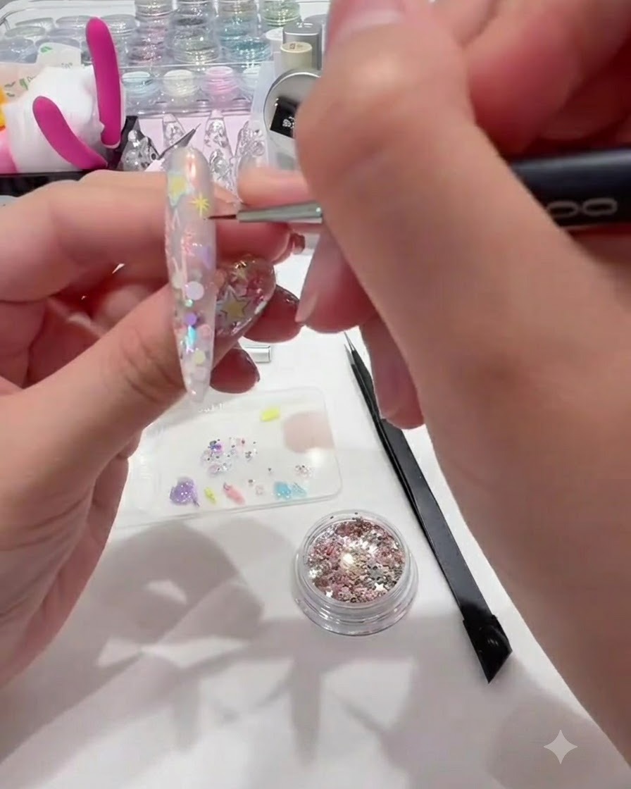 Uno strumento di precisione che posiziona piccoli glitter a forma di stella nelle aree libere di un design per unghie.