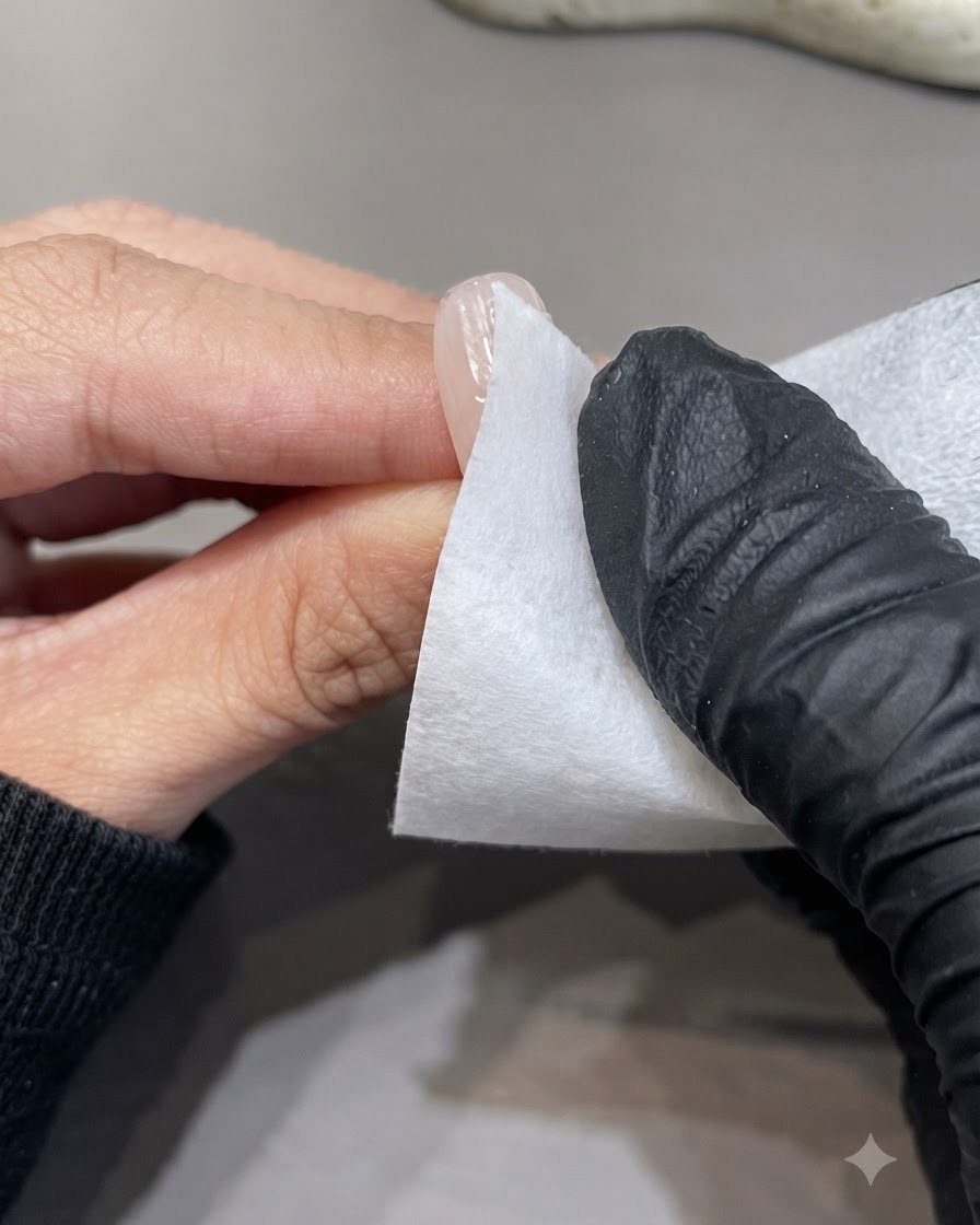 Una mano con guanto che utilizza un pad in pura cellulosa per pulire la superficie dellunghia appena polimerizzata.