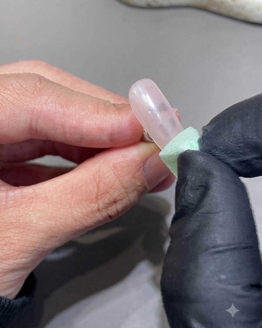 Una spugnetta da trucco verde che picchietta il pigmento sulla punta di ununghia laccata.