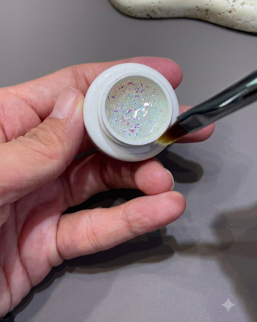 Un piccolo pennello o dotter che preleva scagliette iridescenti e glitter olografici da un vasetto.