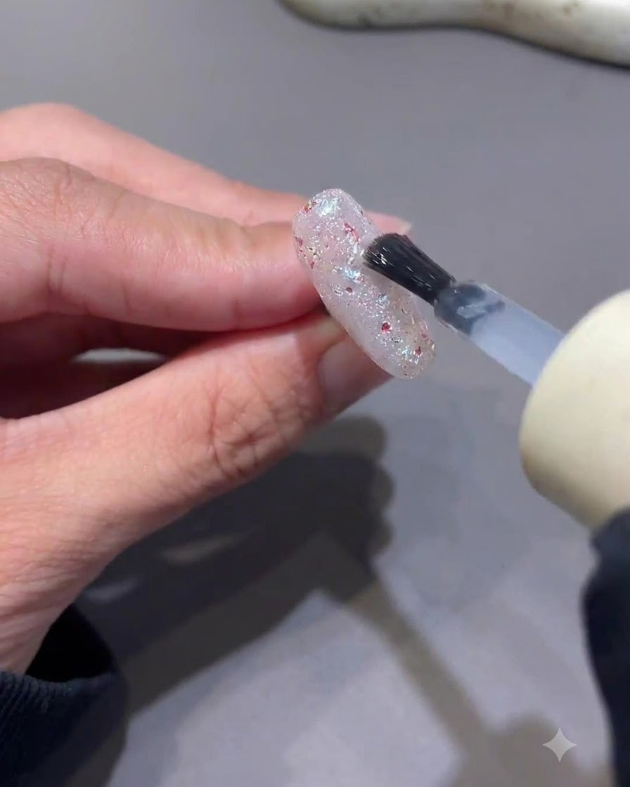 Un pennellino che stende uno strato di gel trasparente costruttore sopra ununghia decorata con glitter.
