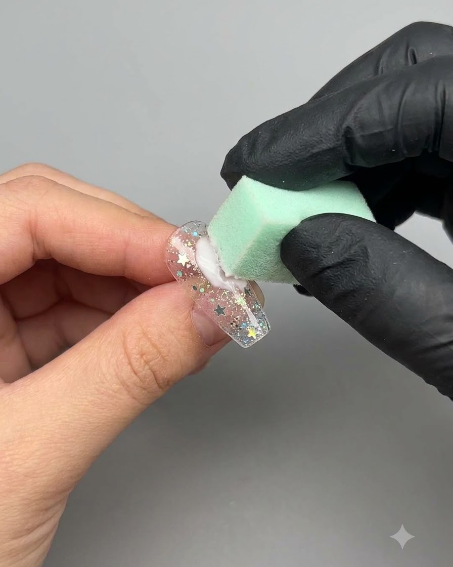 Una spugnetta verde che tampona del gel bianco su ununghia decorata con ladesivo a stella.