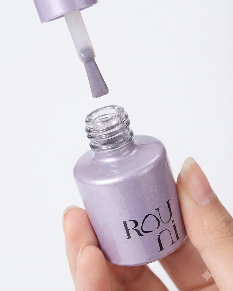 Un pennello che applica una base coat in gel trasparente su ununghia nuda.