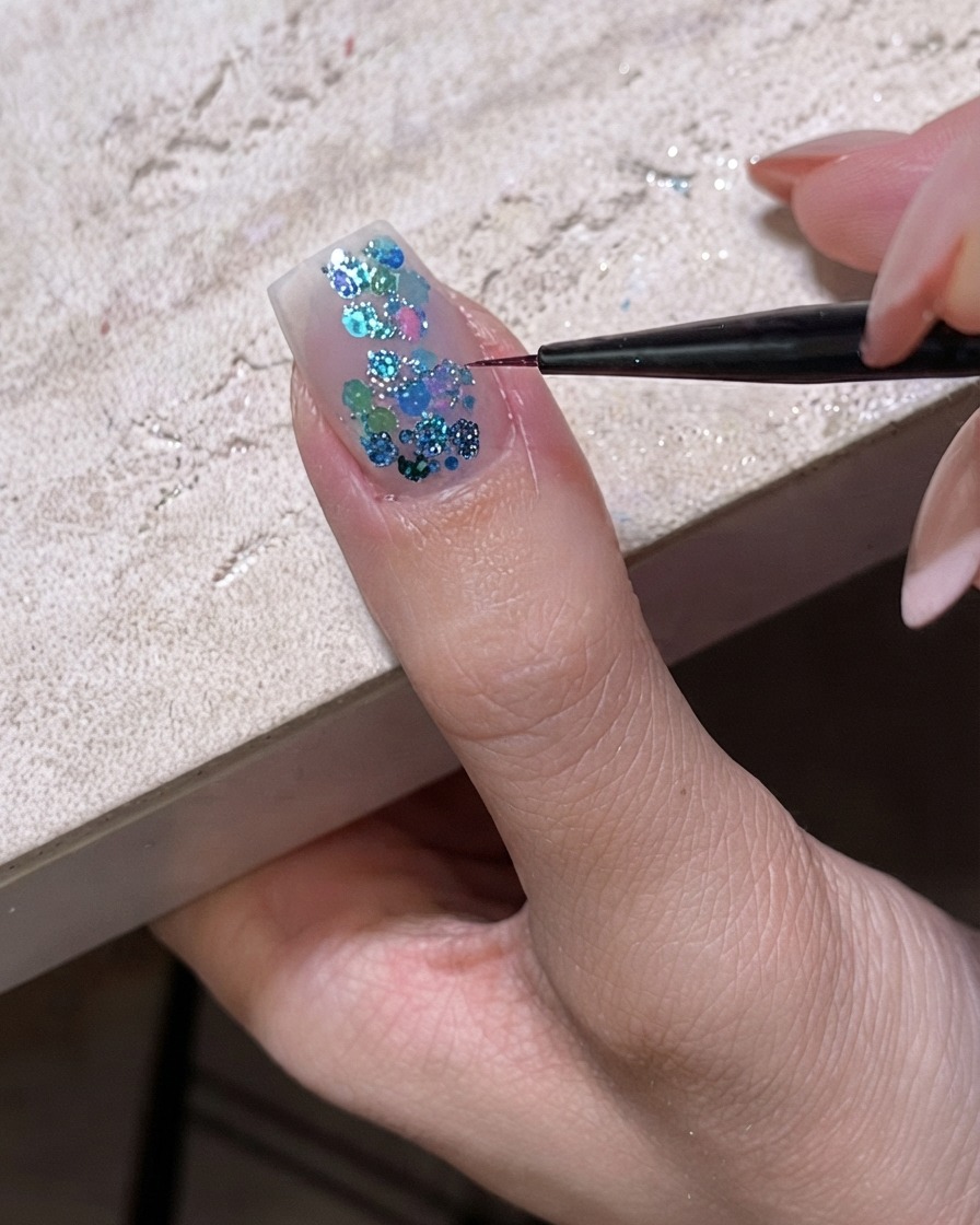 Un pennello fine che posiziona pezzi di glitter olografici blu su ununghia rivestita di gel.