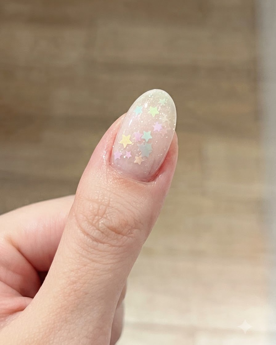 Un pennello che applica un ulteriore strato sottile di base gel trasparente sopra il design con glitter a stella.