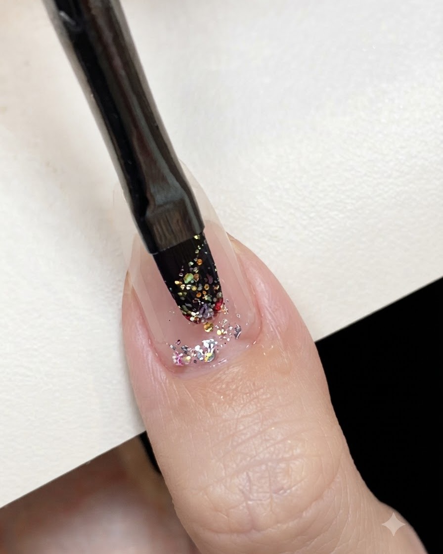 Un pennello piatto per gel applica del gel glitter rosa olografico al centro di ununghia preparata.