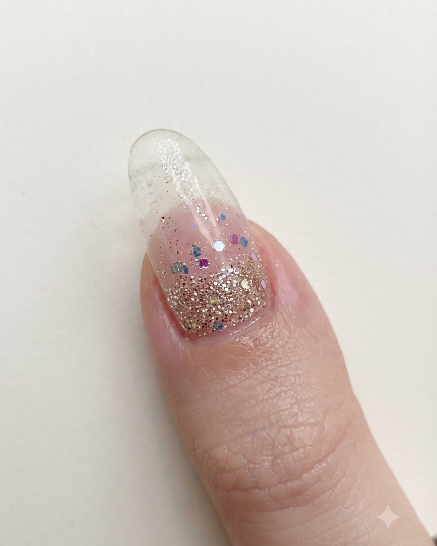 Un pennello per unghie stende glitter rosa riflettenti fini sulla sezione superiore di ununghia con una sfumatura glitter esistente.
