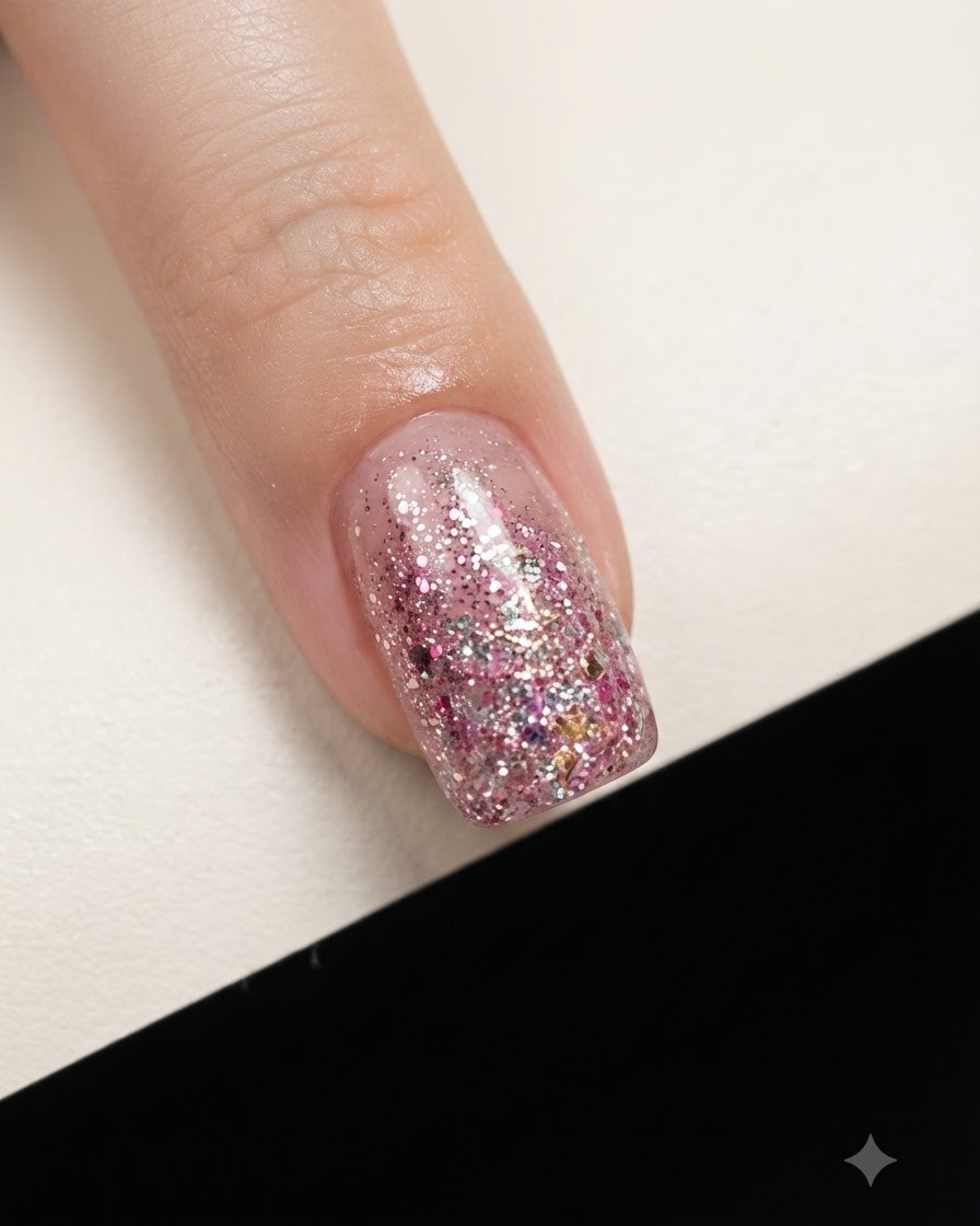Uno scatto ravvicinato di un dito che mostra un denso strato di scaglie di glitter chunky rosa e oro concentrate sulla punta dellunghia.