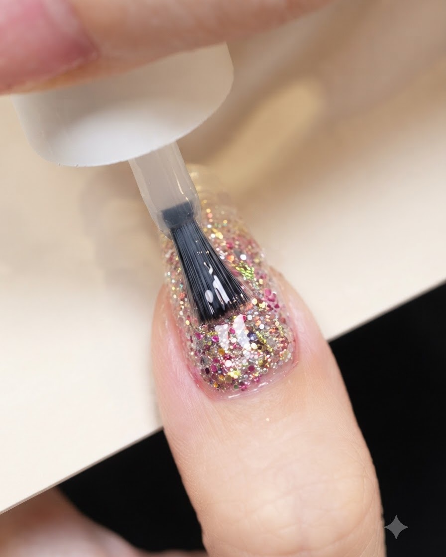 Un pennello applica un gel costruttore autolivellante trasparente sopra la superficie di ununghia ricoperta di glitter.