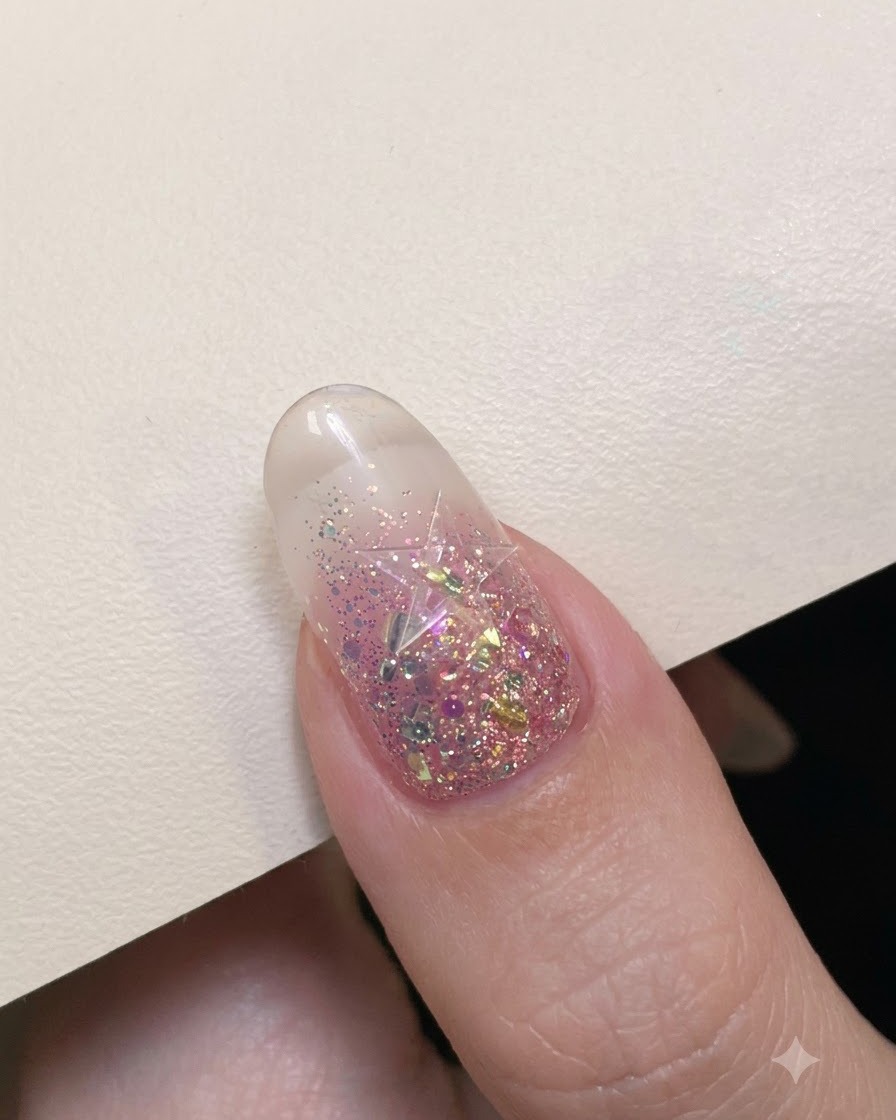 Un paio di pinzette di precisione posizionano un adesivo a stella cava argentata al centro di ununghia incapsulata di glitter.