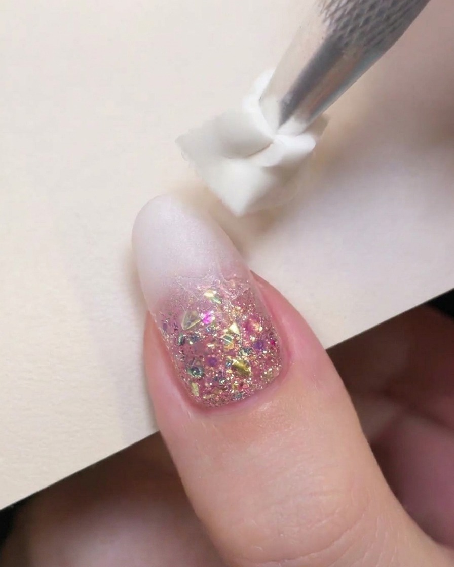 Uno strumento con punta in spugna tampona lo smalto gel bianco latte sul bordo superiore di ununghia decorata.