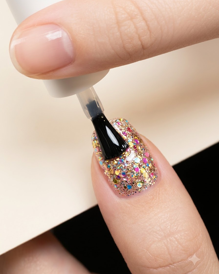 Un pennello applica uno spesso strato di top coat lucido trasparente su un design di unghie con stelle glitterate.