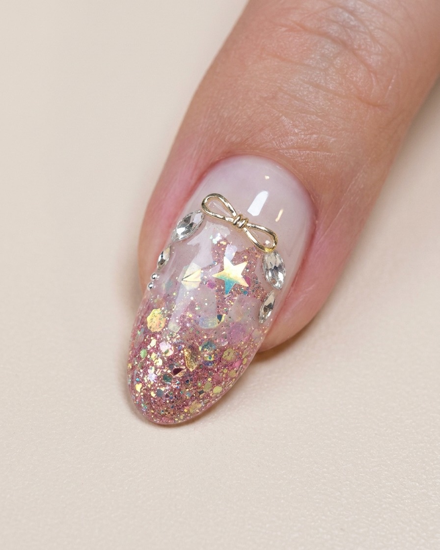 Le pinzette posizionano un piccolo ciondolo a fiocco argento con strass nella zona delle cuticole di ununghia finita.