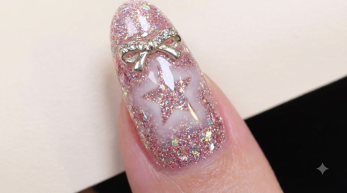 Unghie Stella Spazio Negativo con Glitter Rosa e Fiocco — Tutorial Passo dopo Passo