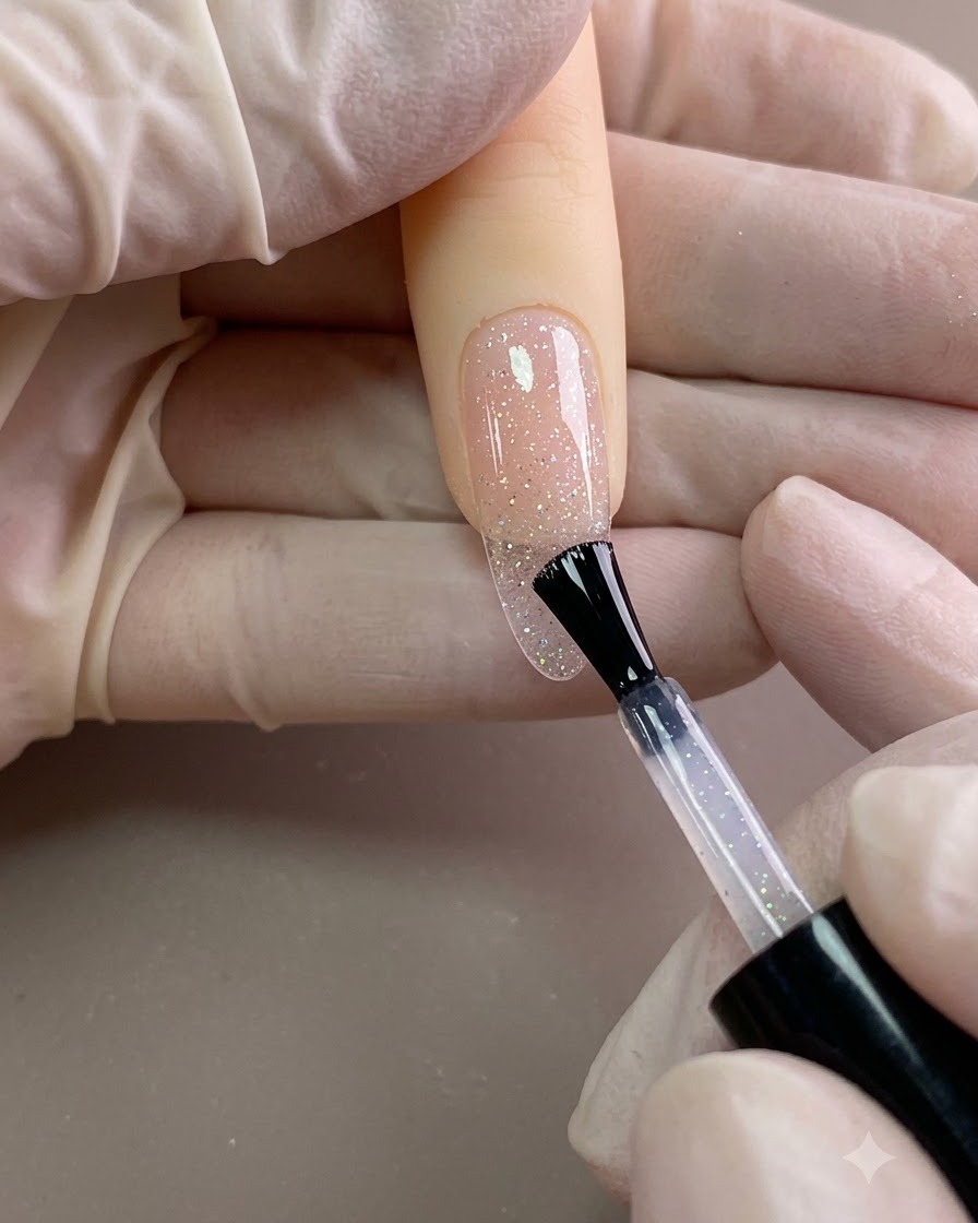 Un pennello che stende il gel costruttore trasparente su una tip per unghie.