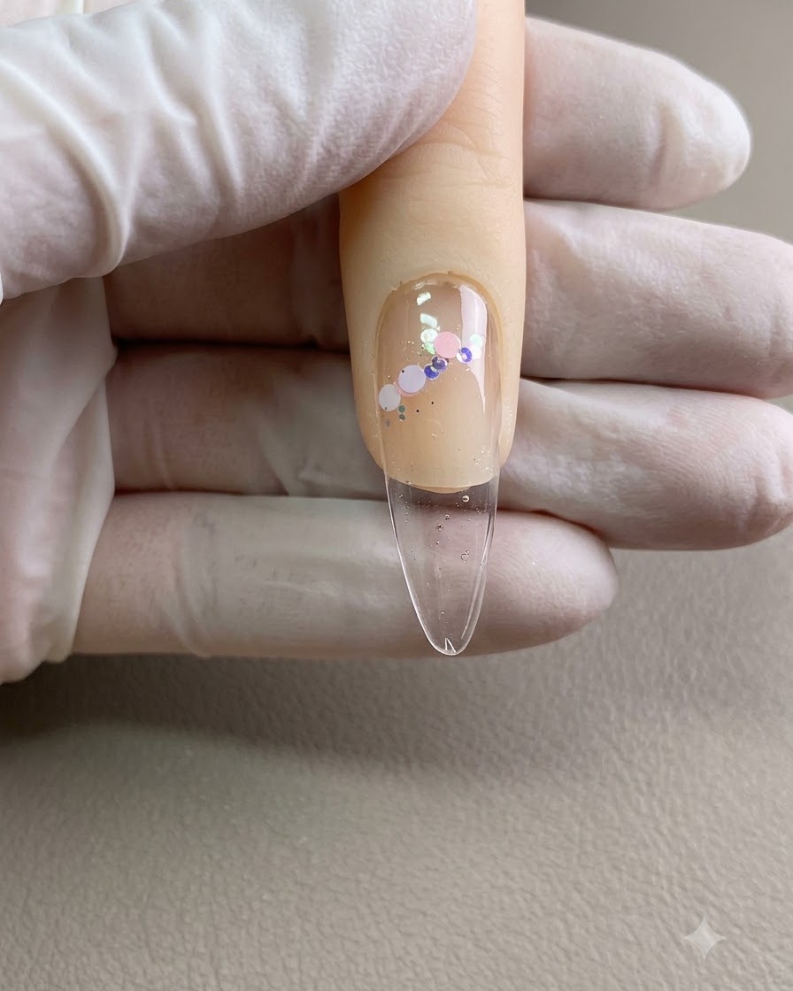 Primo piano di grandi paillettes iridescenti posizionate sul gel bagnato.