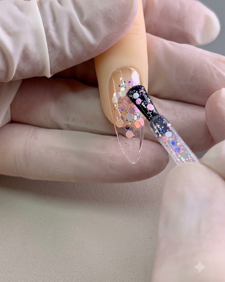 Un pennello che applica uno spesso strato di gel trasparente sulle paillettes incorporate nellunghia.