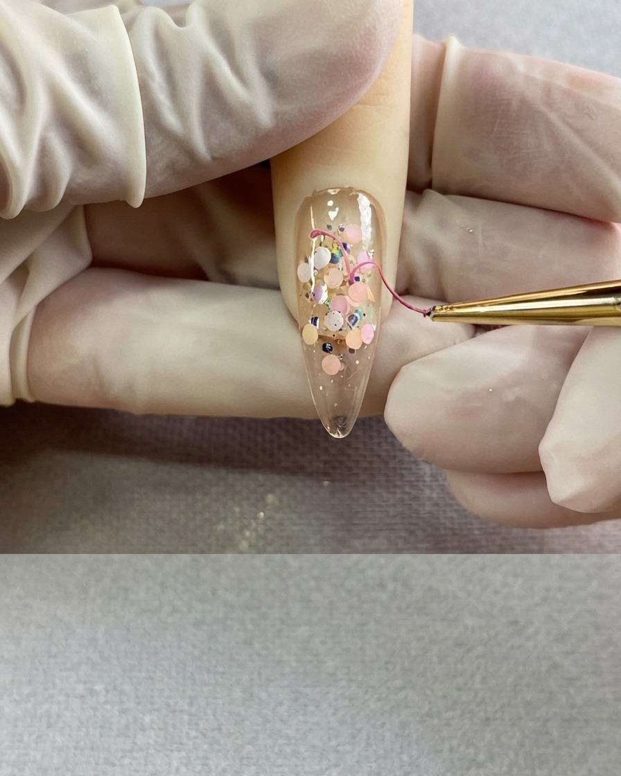 Un pennello liner fine che completa la punta inferiore di un cuore rosa.