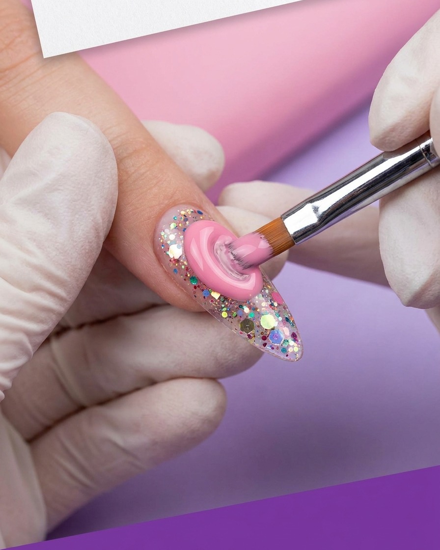 Un pennello che riempie di gel rosa lo spazio attorno al design centrale di ununghia.