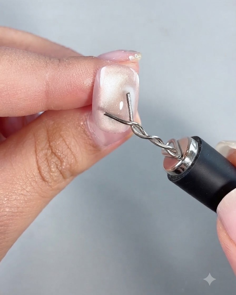 Una forcina magnetizzata personalizzata posizionata vicino allangolo inferiore destro di un unghia per scolpire le particelle cat eye.