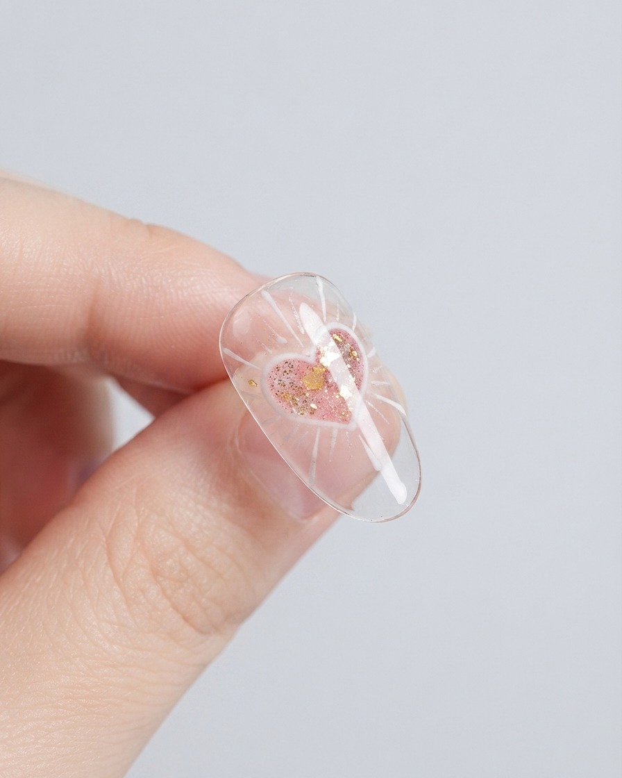 Ununghia finita che mostra una forma a cuore 3D in rilievo lucida e prominente sopra il motivo a onde di luce.