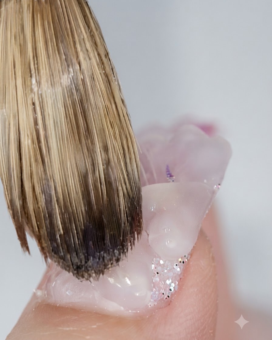 Un primo piano di un pennello da unghie che modella una seconda perla acrilica a forma di cuore accanto alla prima.