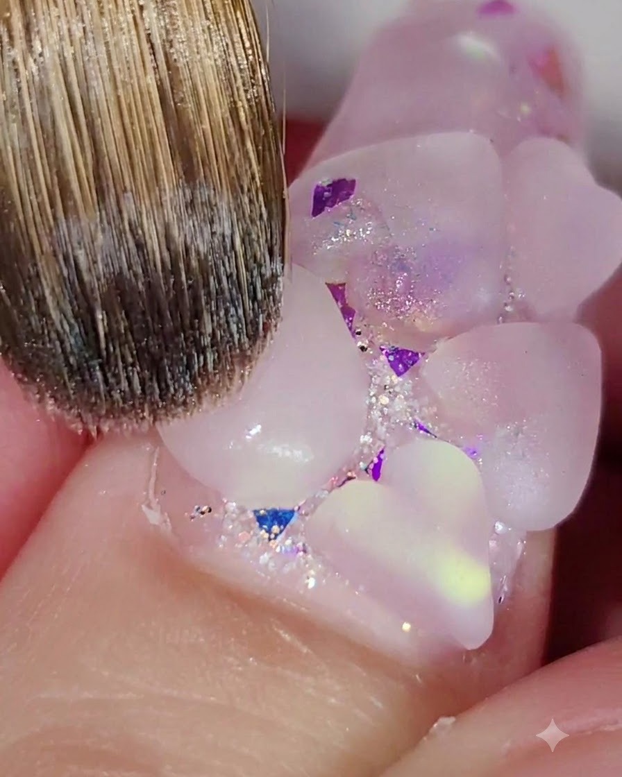 Un pennello professionale da unghie che modella una forma di cuore in acrilico rosa su una superficie decorata.