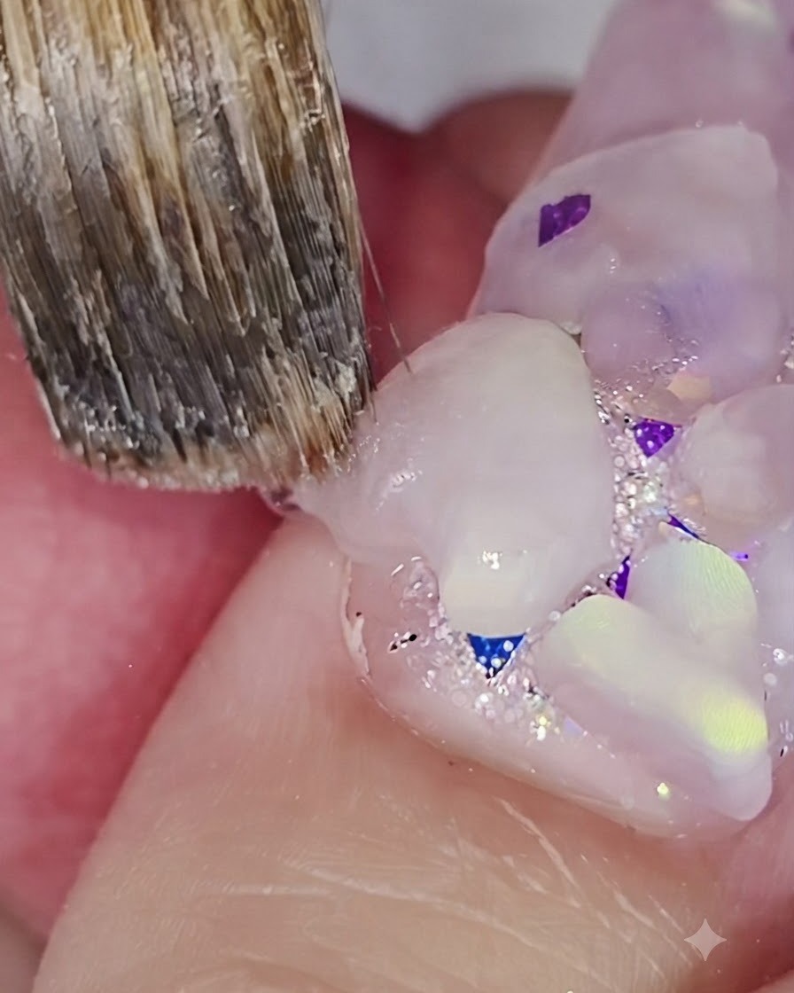 Un pennello da unghie che dettaglia e affina i bordi di un cuore in acrilico 3D su ununghia.