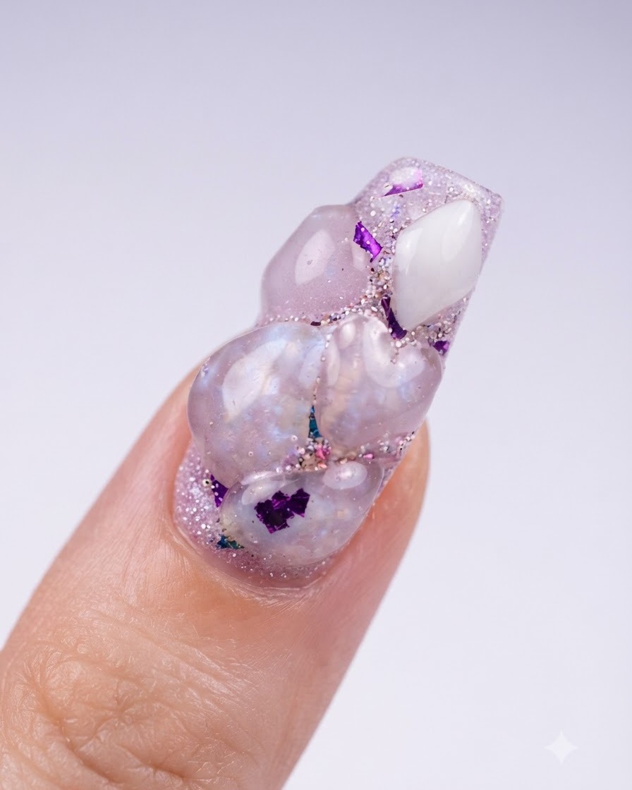 Una vista dallalto di unghie con molteplici forme di cuore in acrilico rosa scolpite e scaglie iridescenti incorporate.