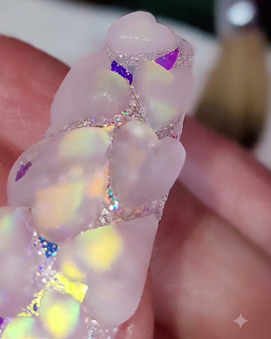 Primo piano macro di minuscoli cuori in acrilico scolpiti che riempiono gli spazi tra forme di cristallo più grandi.