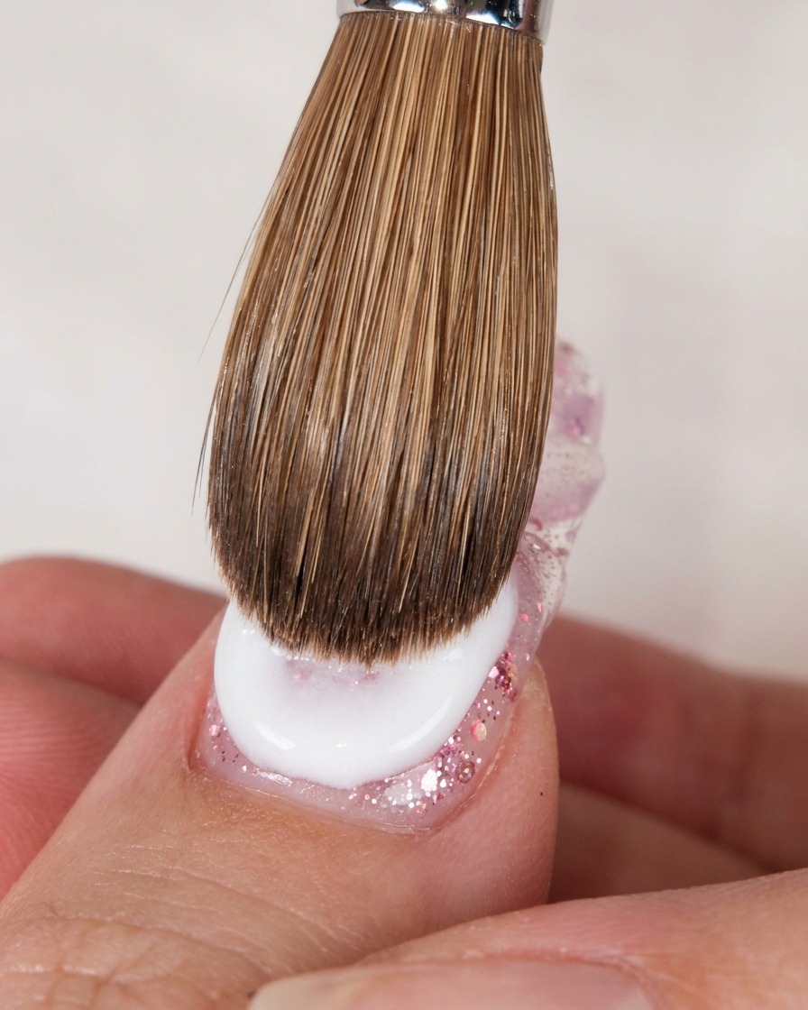 Un grande pennello per unghie in acrilico che applica una perla bagnata di acrilico bianco su ununghia trasparente con glitter rosa incorporati.