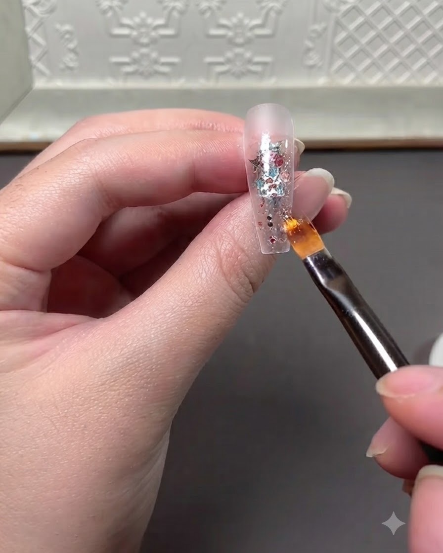 Un pennello che applica un gel top coat sigillante di rinforzo trasparente sopra lo strato di glitter incorporato sullextension per unghie.