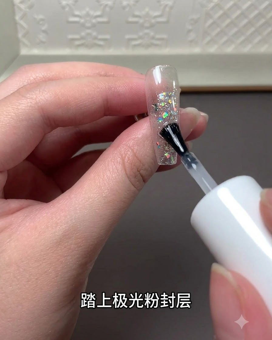 Un pennello da un flacone di top coat che applica uno strato sigillante con polvere laser sopra il design glitterato sullextension per unghie.
