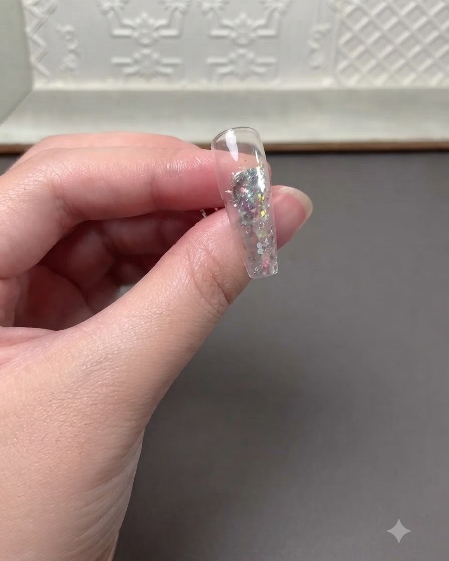 Unextension per unghie trasparente che mostra glitter incorporati con un adesivo ritagliato a forma di cuore nero posizionato sopra.