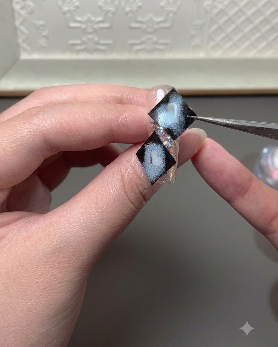 Un pennello a punta fine che riempie il gel azzurro allinterno di una forma a cuore su ununghia.