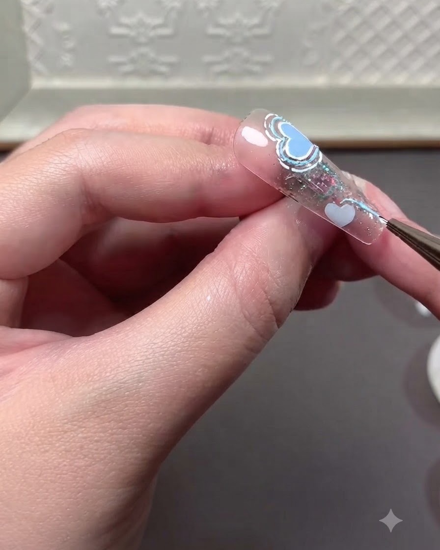 Un primo piano di una tip di unghia che mostra linee daccento rifinite e piccoli dettagli di cuori disegnati con gel da rilievo.