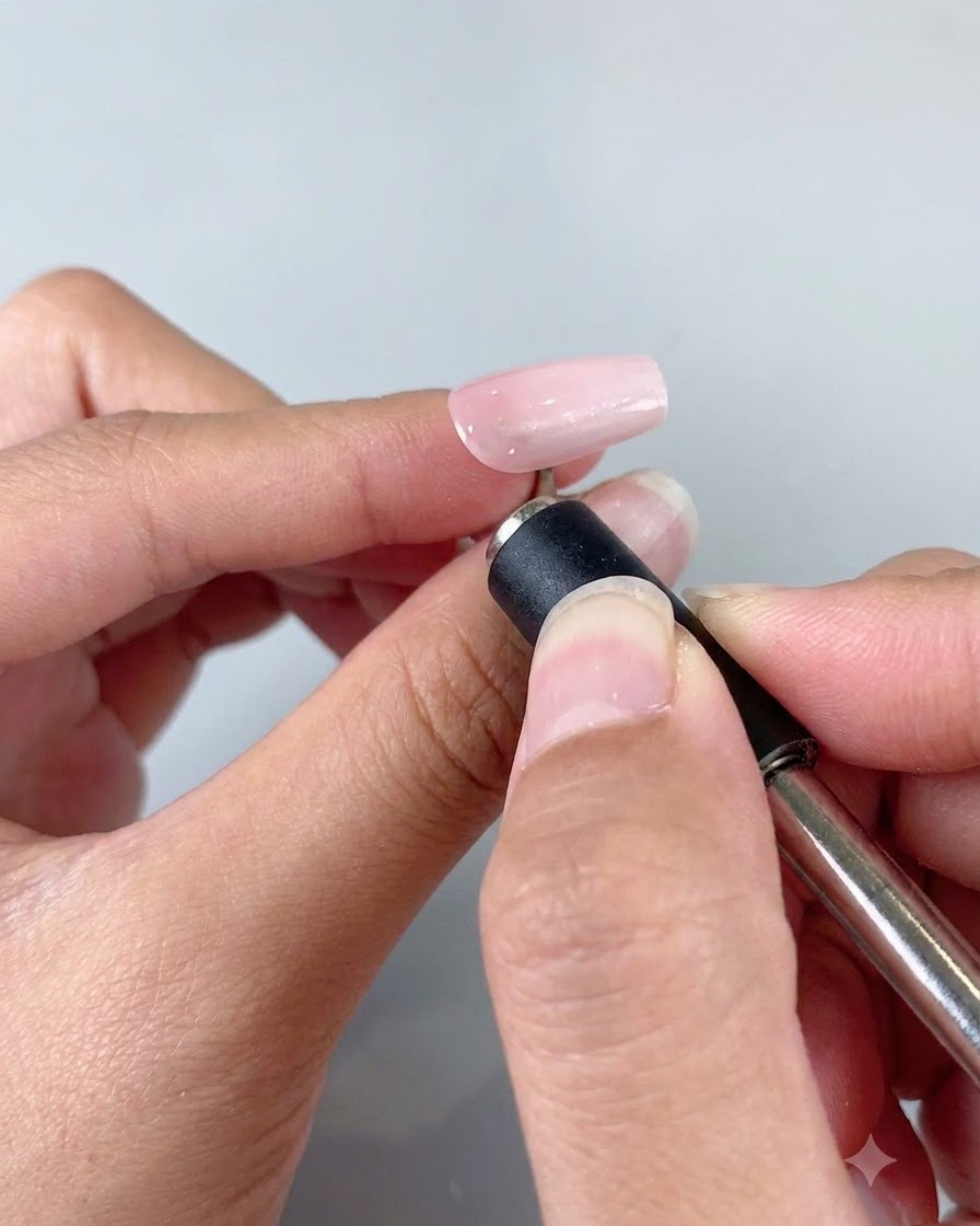 Una mano che utilizza una piccola bacchetta magnetica cilindrica sopra lunghia per manipolare le particelle del gel cat eye.