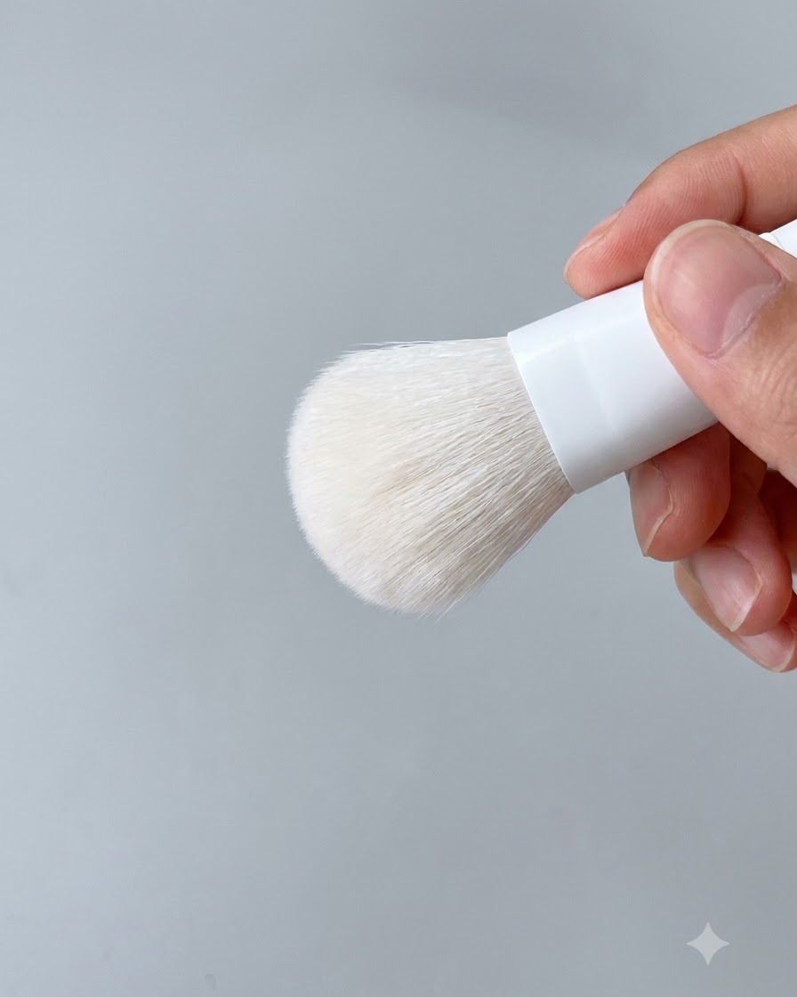 Una mano che tiene un pennello soffice per la polvere da unghie, pronta a rimuovere la polvere specchio in eccesso.