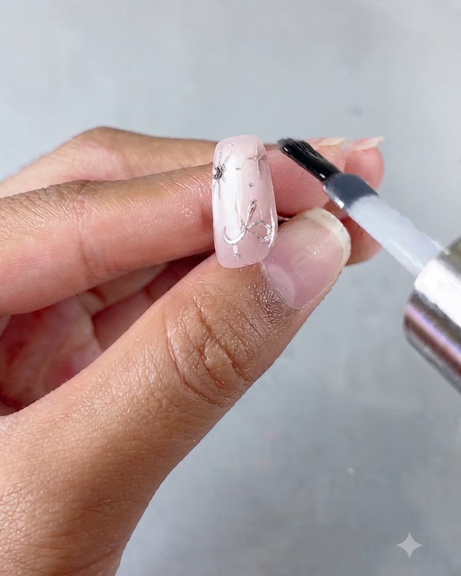 Un pennello per unghie che applica un ultimo strato di top coat lucido sul primo design di unghia completato.