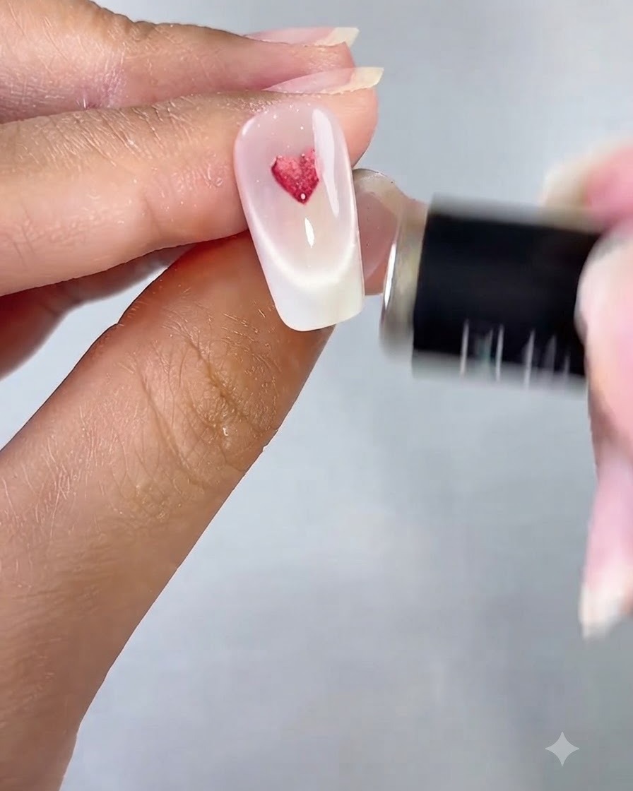 Un magnete tenuto vicino a ununghia decorata con un design lucido a cuore cat-eye rosso.