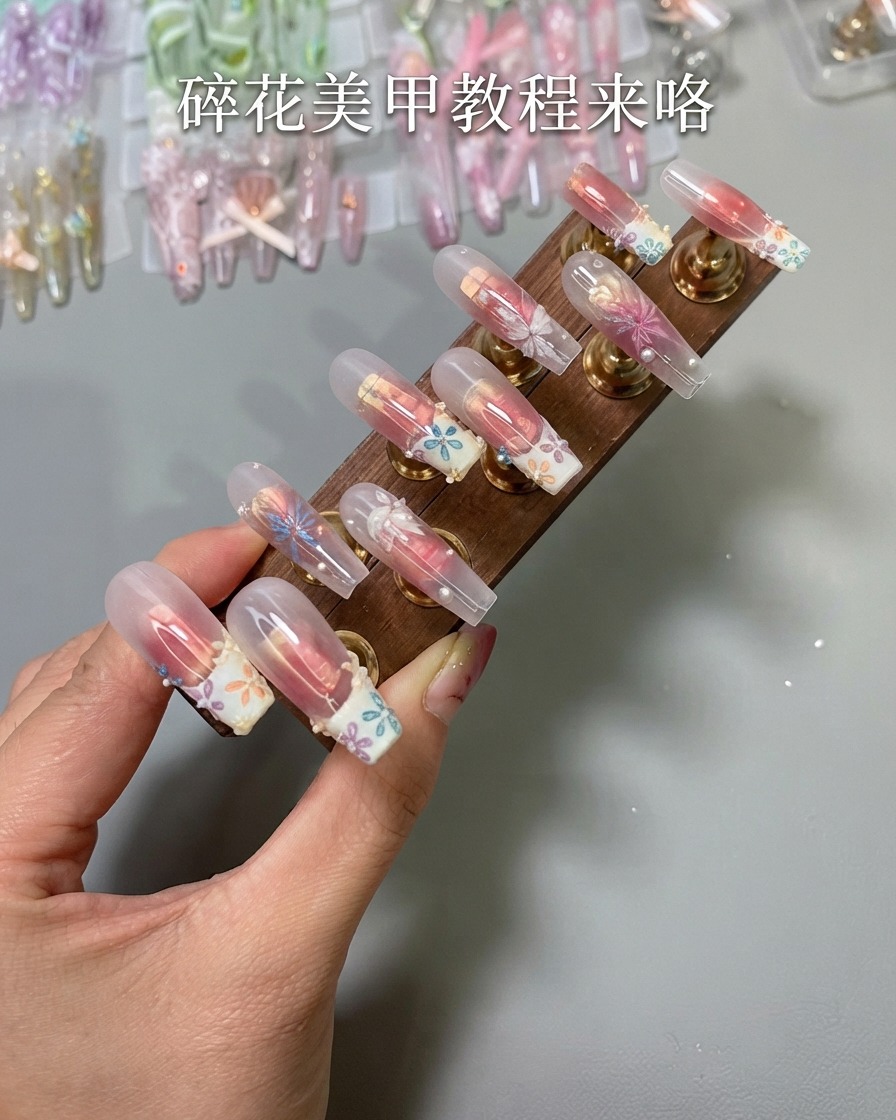 Un pennello applica una base coat traslucida bianco latte su una tip trasparente.
