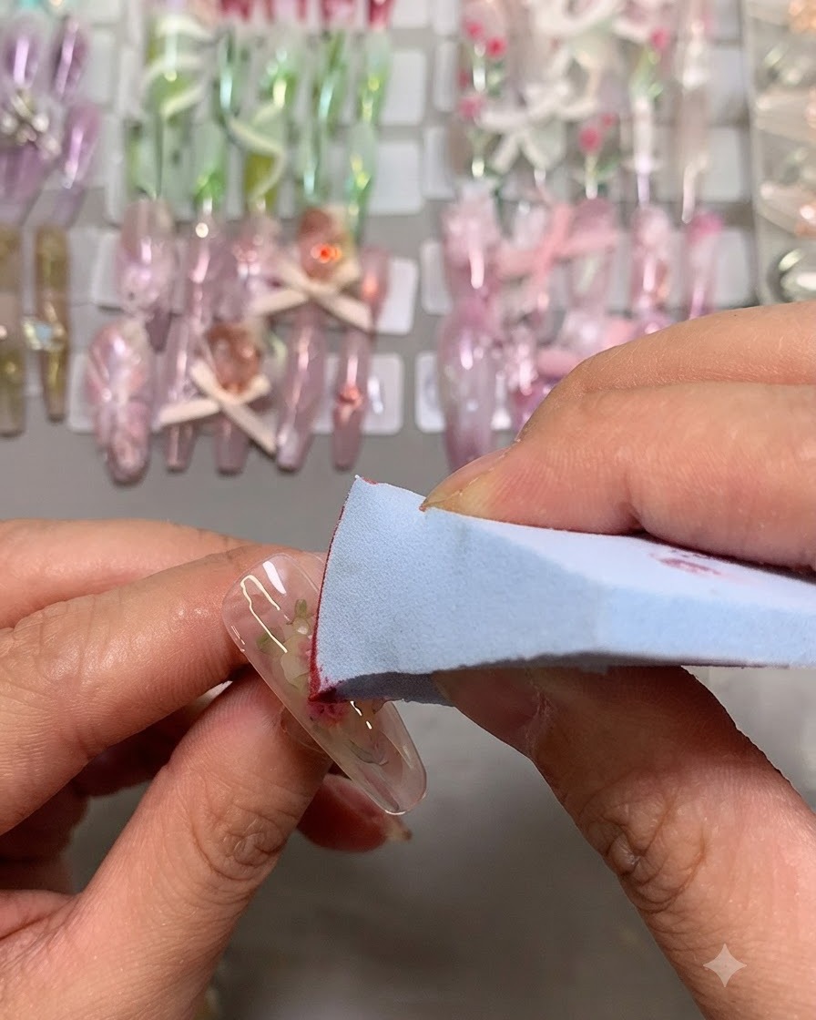 Una spugnetta per make-up tampona del gel rosa al centro di ununghia per formare leffetto blush.