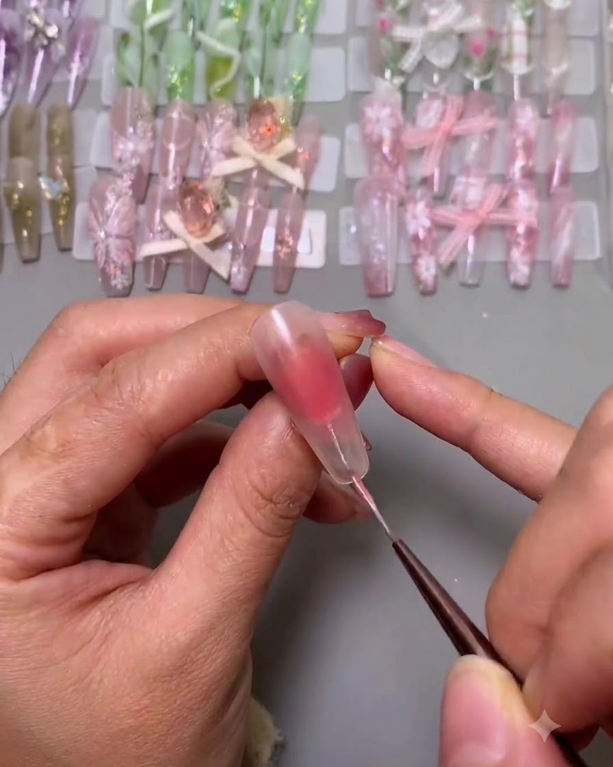 Un pennello liner sottile posiziona punti guida bianchi su ununghia per pianificare la French tip.