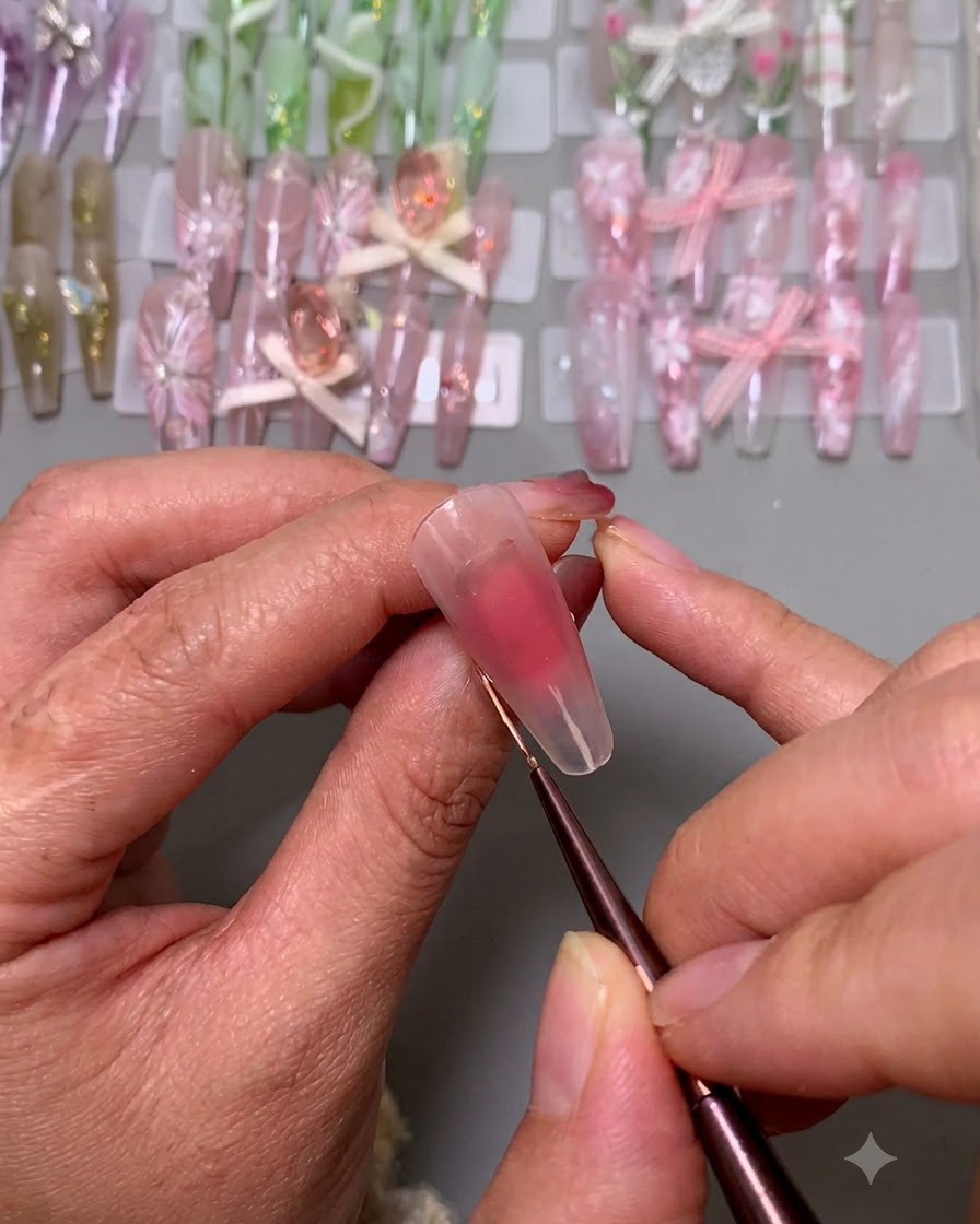 Un pennello liner sottile disegna linee di confine verticali e orizzontali per una French tip.