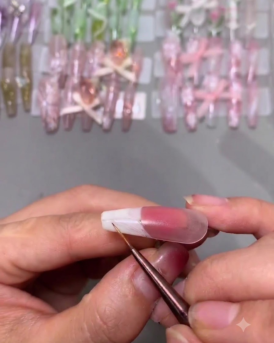 Un pennello di precisione sottile leviga il bordo di una French tip bianca su ununghia curata.
