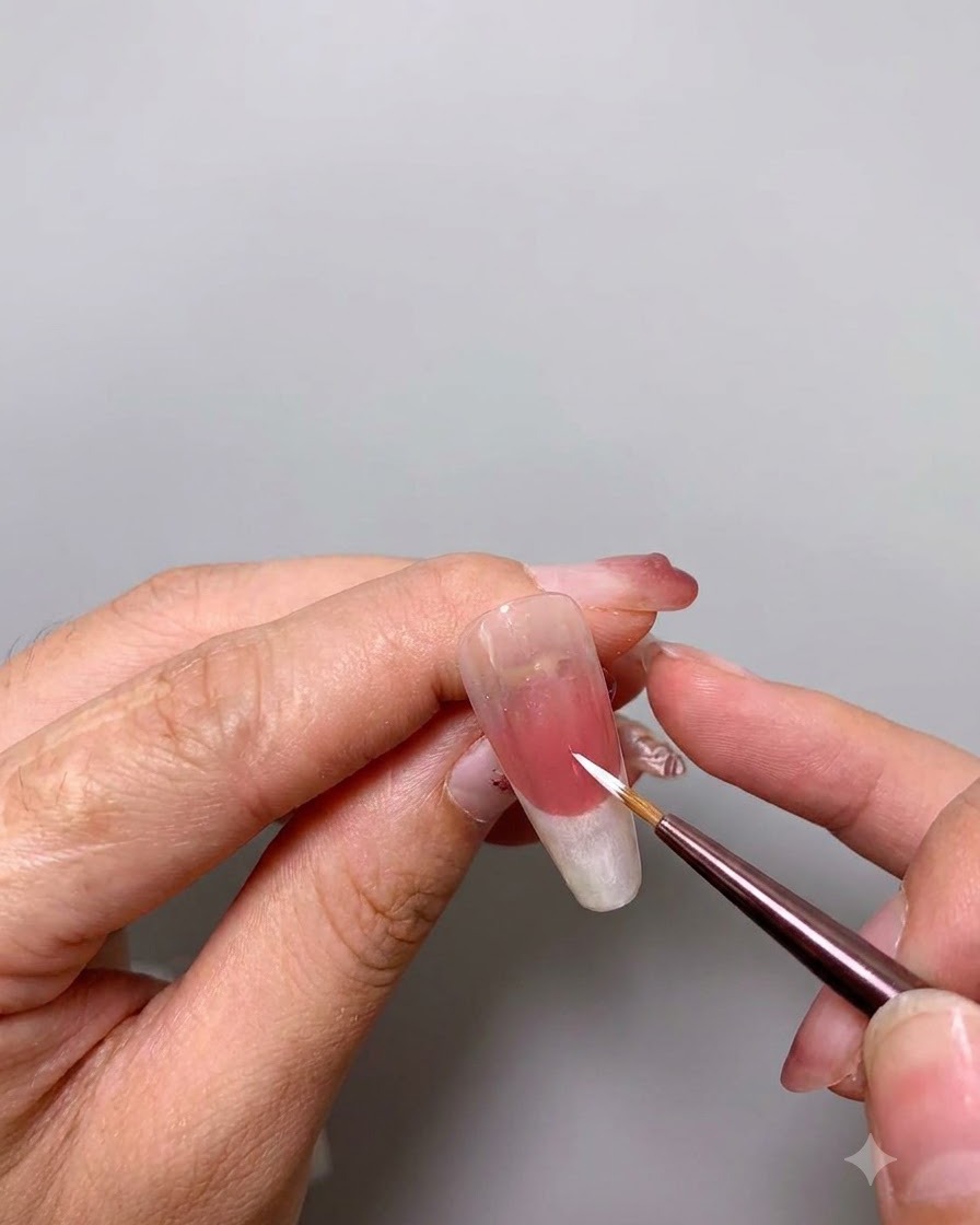 Un pennello sottile applica un secondo strato di smalto bianco sulla punta dellunghia.
