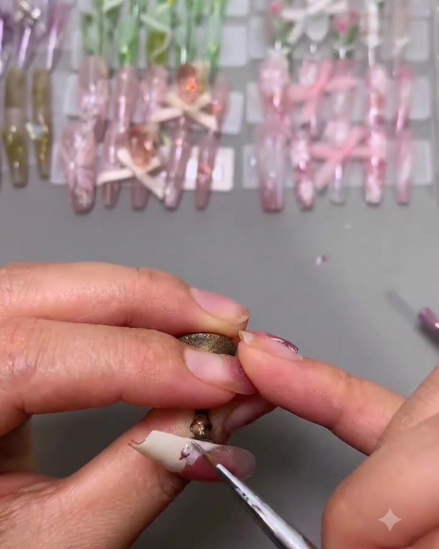 Uno strumento di dettaglio applica piccoli petali rosa sulla punta bianca di ununghia.