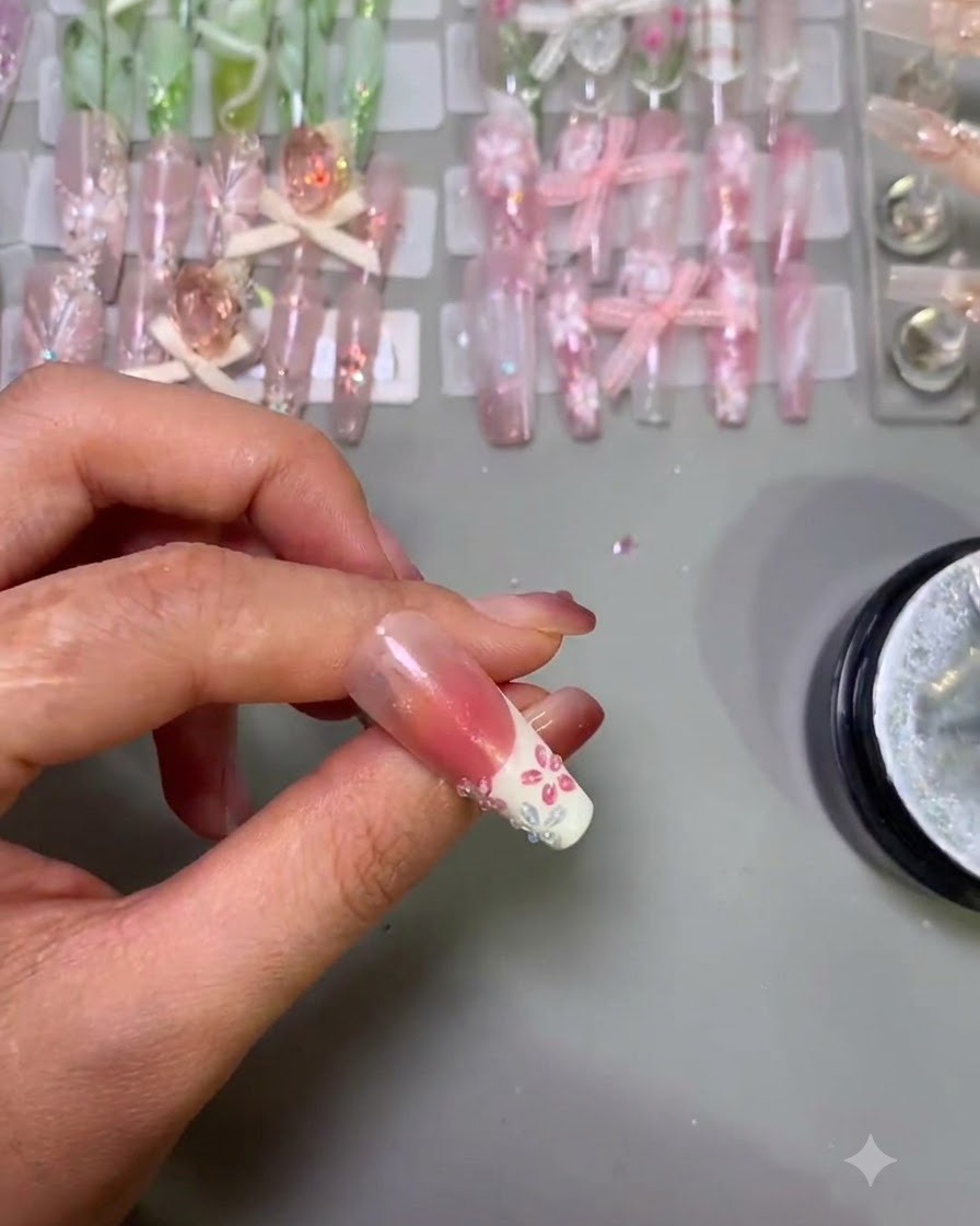 Una pinzetta tiene una minuscola perla bianca sopra il centro in gel umido di un fiore rosa 3D.